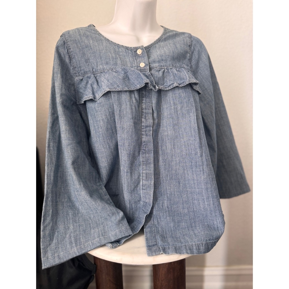 Madewell Chambray Indigo Ruffle Yoke Henley Blouse Top Large L Blue Boho Coastal